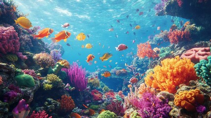 Naklejka premium A vibrant coral reef teeming with colorful fish and marine life, showcasing the beauty of underwater biodiversity.