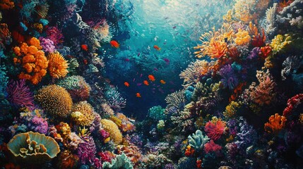 Naklejka premium A vibrant coral reef teeming with marine life, including sea urchins, crabs, and colorful fish.