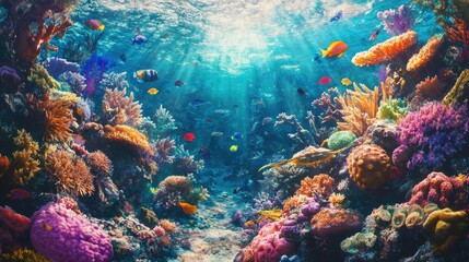 A vibrant coral reef teeming with marine life, including sea urchins, crabs, and colorful fish.
