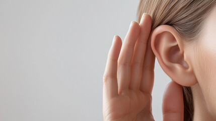A close-up of a person’s hand cupping their ear, indicating active listening, attention, and communication skills, often associated with dialogue, understanding, and empathy.