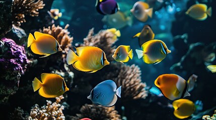 A vibrant school of tropical fish swimming through a coral reef, showcasing a wide range of colors.