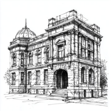 detailed pen and ink drawing of a historical building