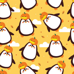 seamless pattern cartoon penguin with pumpkin. cute wallpaper for fabric print, gift wrap paper