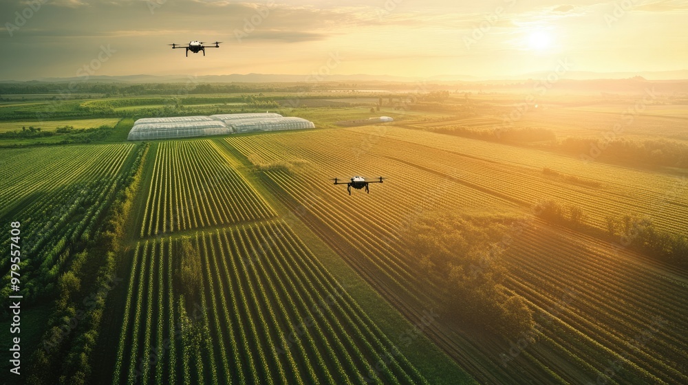 Aufkleber aerial view of a large, technologically advanced farm with fields monitored by sensors and drones.