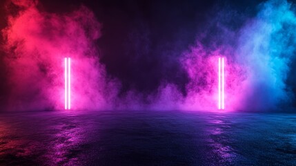 Fototapeta premium Vibrant neon lights in pink and blue illuminate a misty scene, creating a dynamic and energetic atmosphere for modern design.