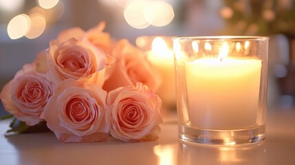 Scented candles flicker gently beside beautiful roses on a table, filling the air with warmth and romance.