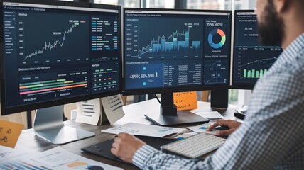 Businessman Analyzing Financial Data on Multiple Monitors. A focused businessman sits at his desk, analyzing financial data displayed on multiple monitors.