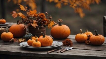 Autumn table setting with pumpkins on wooden surface