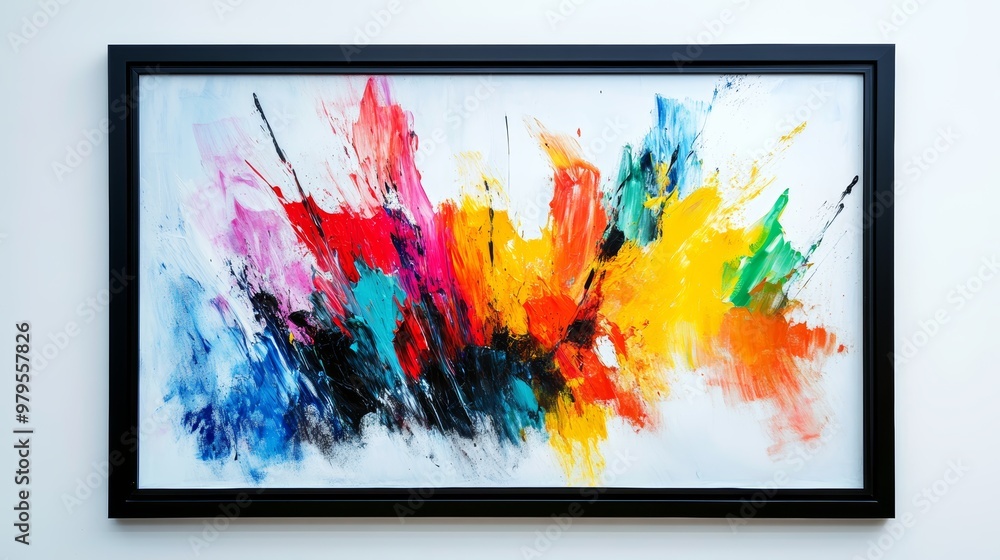 Poster vibrant abstract art with splashes of color, featuring bold strokes and dynamic patterns, perfect fo