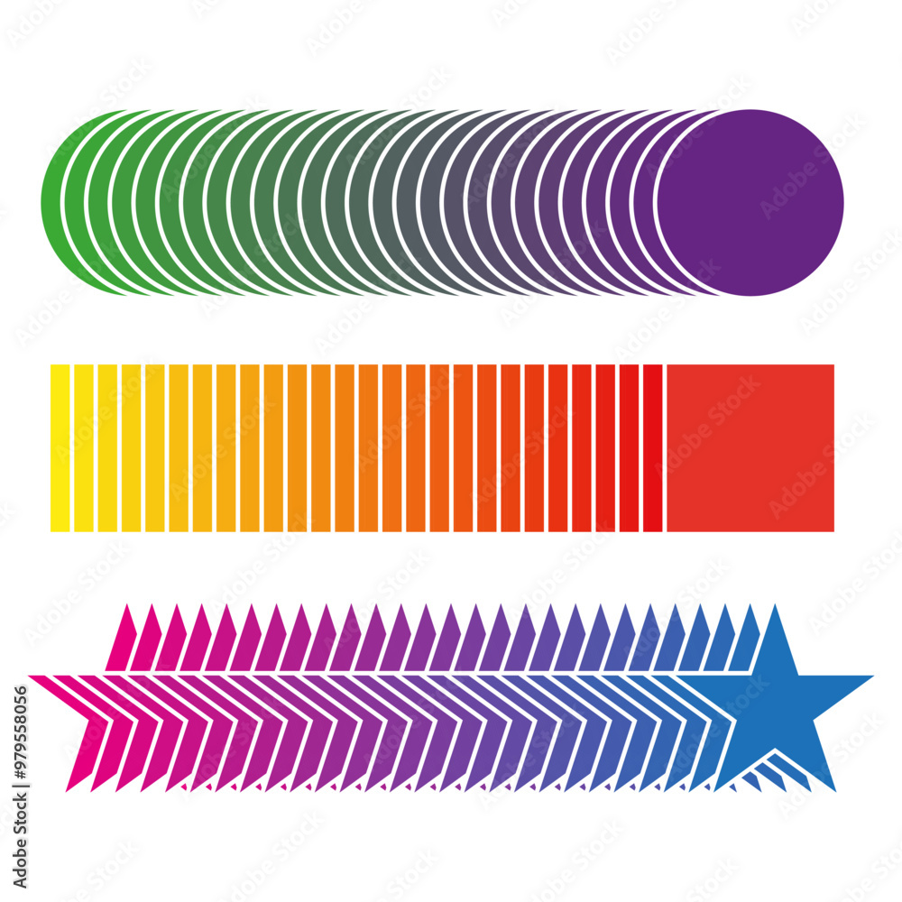 Poster colorful geometric shapes. gradient circle pattern. bright square sequence. star arrow design.