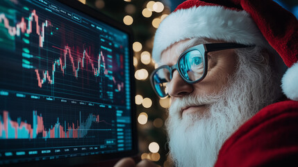 Santa Claus looks at the HUD menu. Stock charts.