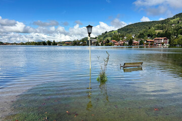 Weather disaster. Heavy rain, flooding. A large amount of water in the lake.