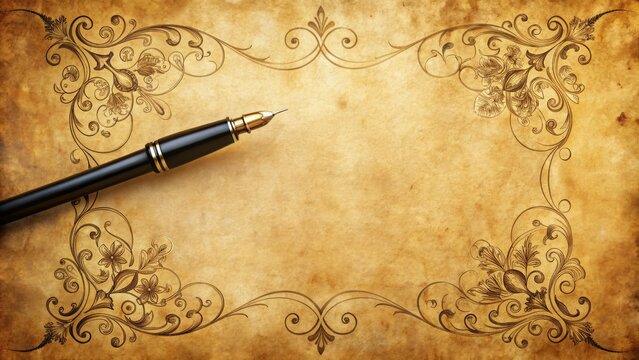 Elegant brush pen strokes adorn a vintage parchment background, showcasing intricate flourishes and ornaments in a classic western calligraphy style, evoking traditional elegance.