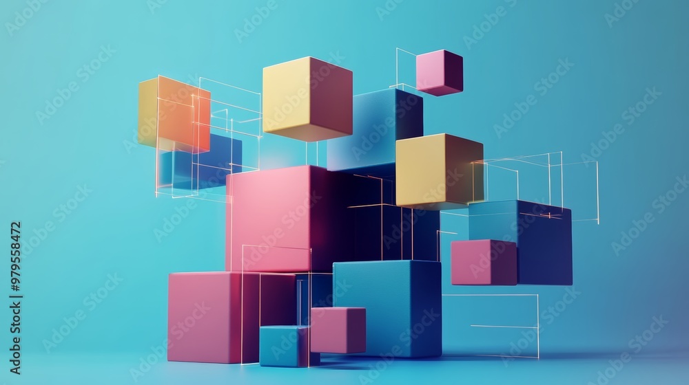 Poster colorful 3d geometric shapes create a dynamic abstract background, perfect for modern design and cre