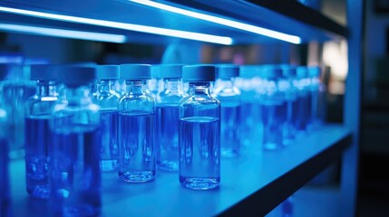Vials of Medical Products in Cold Storage with Cool Blue Lighting and Blurred Background