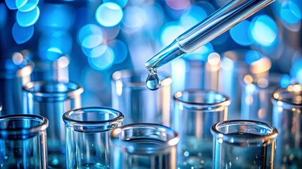 a close up image of a pipette delivering a clear liquid into a row of aligned test tubes in a laboratory the background is filled with a beautiful blue bokeh effect