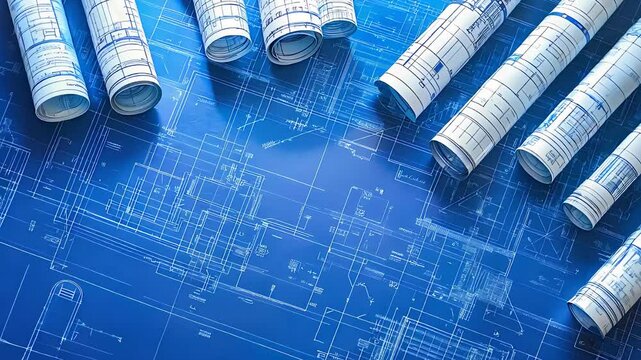 Detailed blueprint rolls on a digital surface representing advanced architectural planning and design innovation