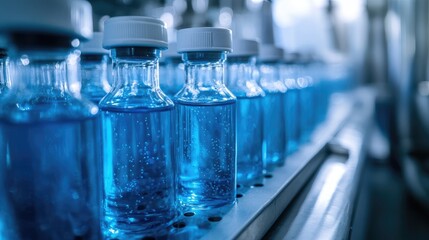 Vials of Medical Products in Cold Storage with Cool Blue Lighting and Blurred Background