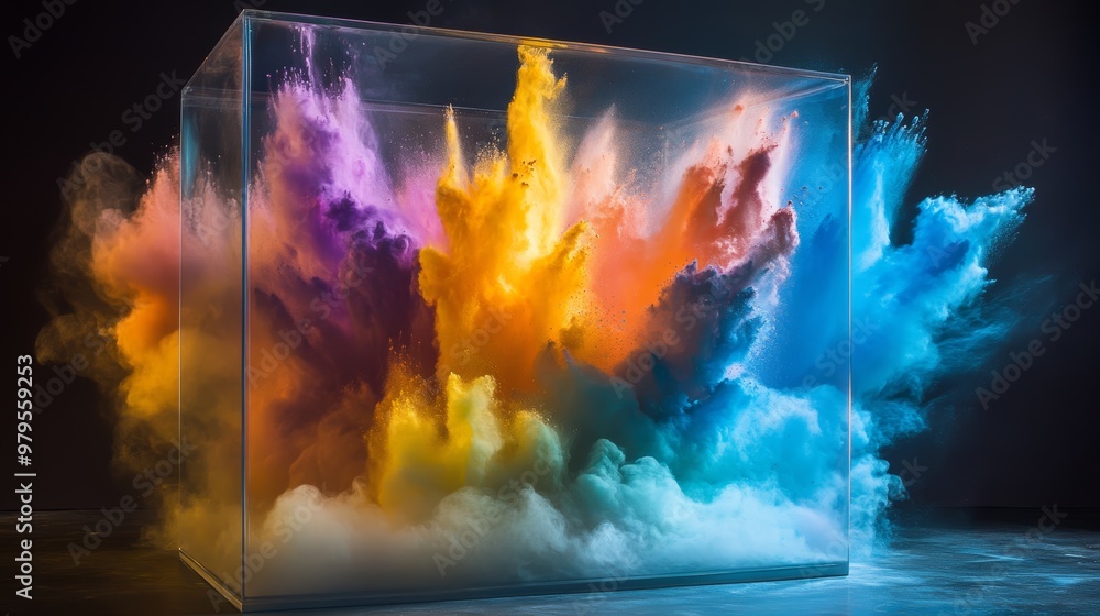 Aufkleber a vibrant explosion of colorful powder within a glass cube, creating a stunning visual impact and dy