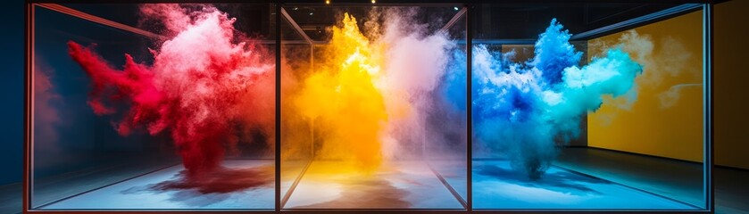 A vibrant explosion of colorful powders creating an artistic display, perfect for backgrounds or modern artwork.