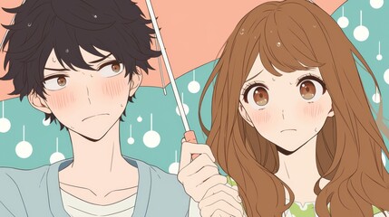 Shy Anime Couple Sharing an Umbrella in the Rain with Flushed Cheeks, Minimalist Style with Copy Space
