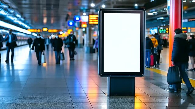 A blank form on a digital display inside a modern train station, surrounded by travelers, perfect for your advertising content