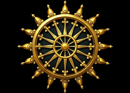 Golden sun wheel symbol with twelve radial arms, ancient Indo-European motif, mystical and esoteric, often associated with spirituality, mysticism, and occult practices.
