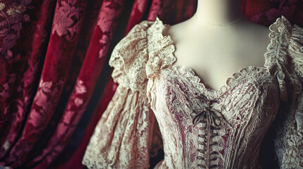Obraz premium A vintage dress fitting mannequin adorned with intricate lace details, showcasing elegance and craftsmanship against rich, textured backdrop. soft hues and delicate design evoke sense of nostalgia and