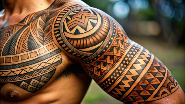 Intricate, ancient patterns of curved motifs, spirals, and geometric shapes adorn the dark skin of a muscular arm, showcasing traditional Polynesian tattoo artistry and cultural heritage.