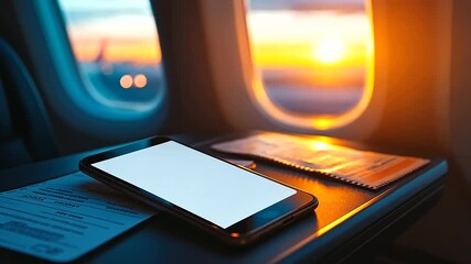 A blank form on a smartphone screen, lying next to a plane ticket on an airplane tray table, ready for your promotional content