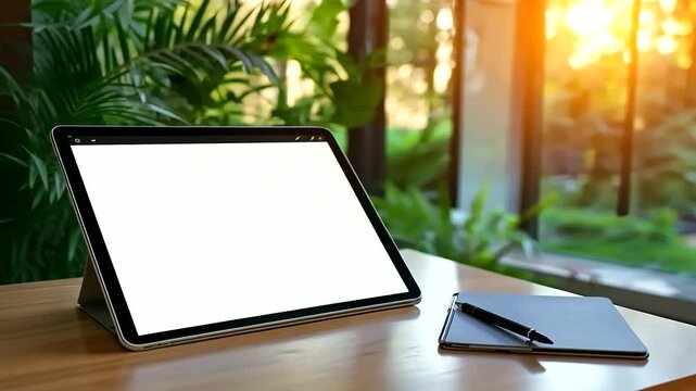 A blank form on a tablet screen, lying on a desk in a modern home office, ideal for inserting your custom advertisement