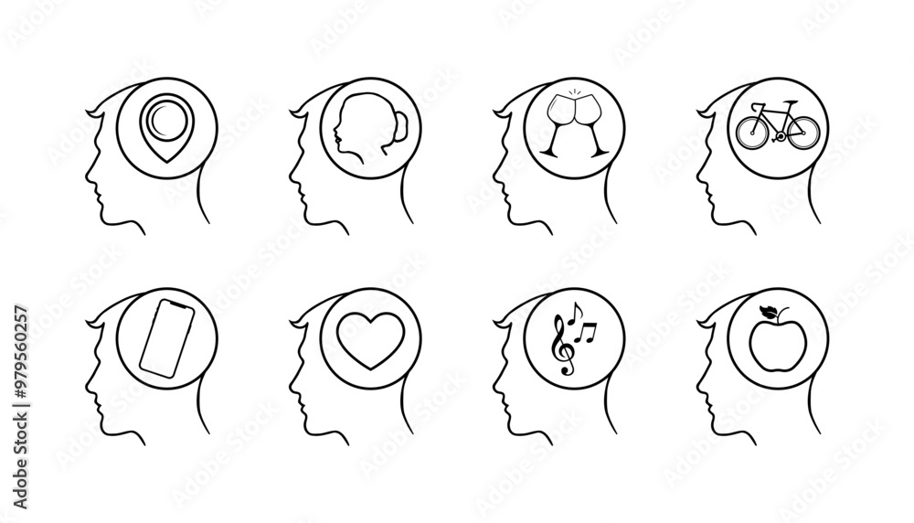 Poster man profile set icons. linear style. vector icons.