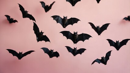 Fototapeta premium Black bats flying against a pastel pink sky