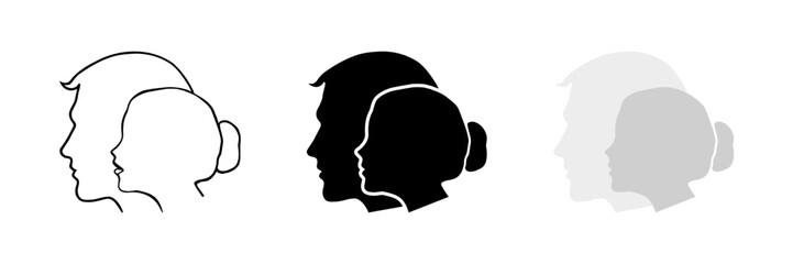 Man and woman profile icons. Linear, silhouette and flat style. Vector icons.