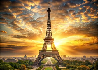 Intricately detailed illustration of the iconic iron lattice tower standing majestically against a soft, serene Parisian cityscape with subtle, warm golden lighting.