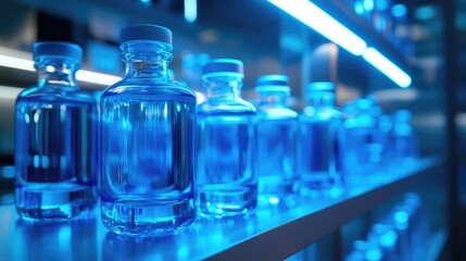 Vials of Medical Products in Cold Storage with Cool Blue Lighting and Blurred Background