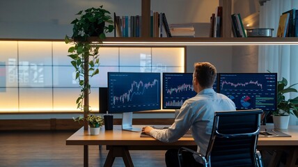 Businessman Analyzing Financial Data on Multiple Monitors. A focused businessman sits at his desk, analyzing financial data displayed on multiple monitors.