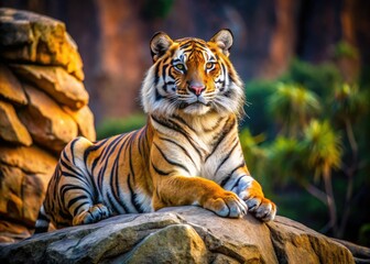 Majestic Bengal tiger with vibrant orange and black stripes sits regally on a rocky outcropping, gazing intensely into the distance with piercing golden eyes.