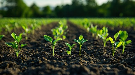Close-up of green seedlings sprouting in a well-maintained crop field.