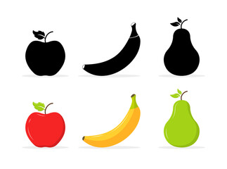 Fruits set icons. Flat and silhouette style. Vector icons.