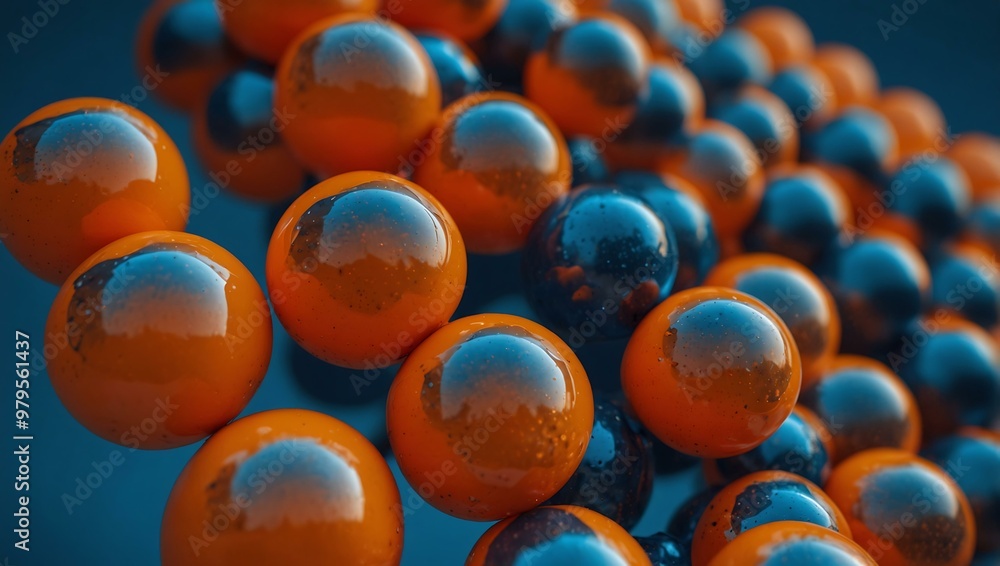 Wall mural Close-up of orange spheres on a blue background, interconnected.