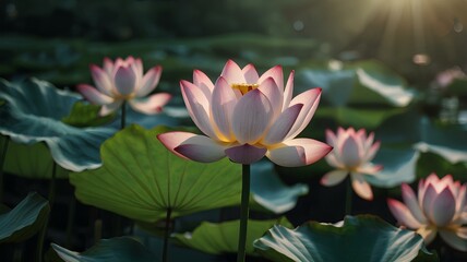 Obraz premium A serene lotus flower in bloom, floating on water and surrounded by lush greenery.