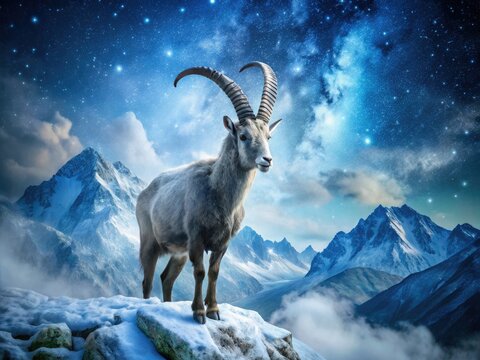 Majestic goat-horned mythological creature, symbol of Capricorn, gazing serenely at a starry night sky, surrounded by mystical mist, amidst snow-capped mountains, exuding ancient wisdom.