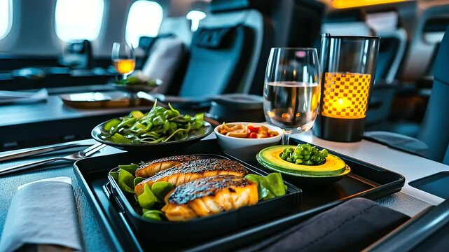 A neatly arranged in-flight meal with a focus on fresh, organic ingredients like avocado slices, mixed greens, and grilled fish, served on a modern airplane tray