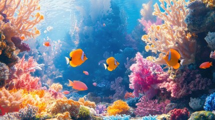 Colorful coral reef scene with a variety of vibrant sea fish swimming among the corals, showcasing their natural beauty -
