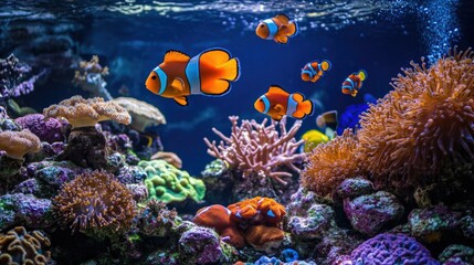 Fototapeta premium Colorful coral reef scene with a variety of vibrant sea fish swimming among the corals, showcasing their natural beauty -