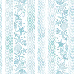  Seamless background with , shells, nautilus and starfish on blue watercolor stripes. Abstract marine background. Vector. Perfect for design templates, wallpaper, wrapping,fabric, print and textile. 