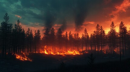 Dramatic scene of a forest fire at dusk, with the flames casting an eerie glow against a darkening sky.
