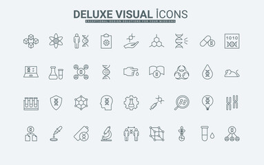 Microscope and magnifying glass for DNA test thin black outline symbols vector illustration. Genetic analysis, chemistry and biotechnology, molecular research, investigation line icons set.