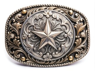 Ornate silver belt buckle adorned with intricate engravings, scrolling patterns, and a prominent central star, evoking classic American Western cowboy culture and rustic charm.
